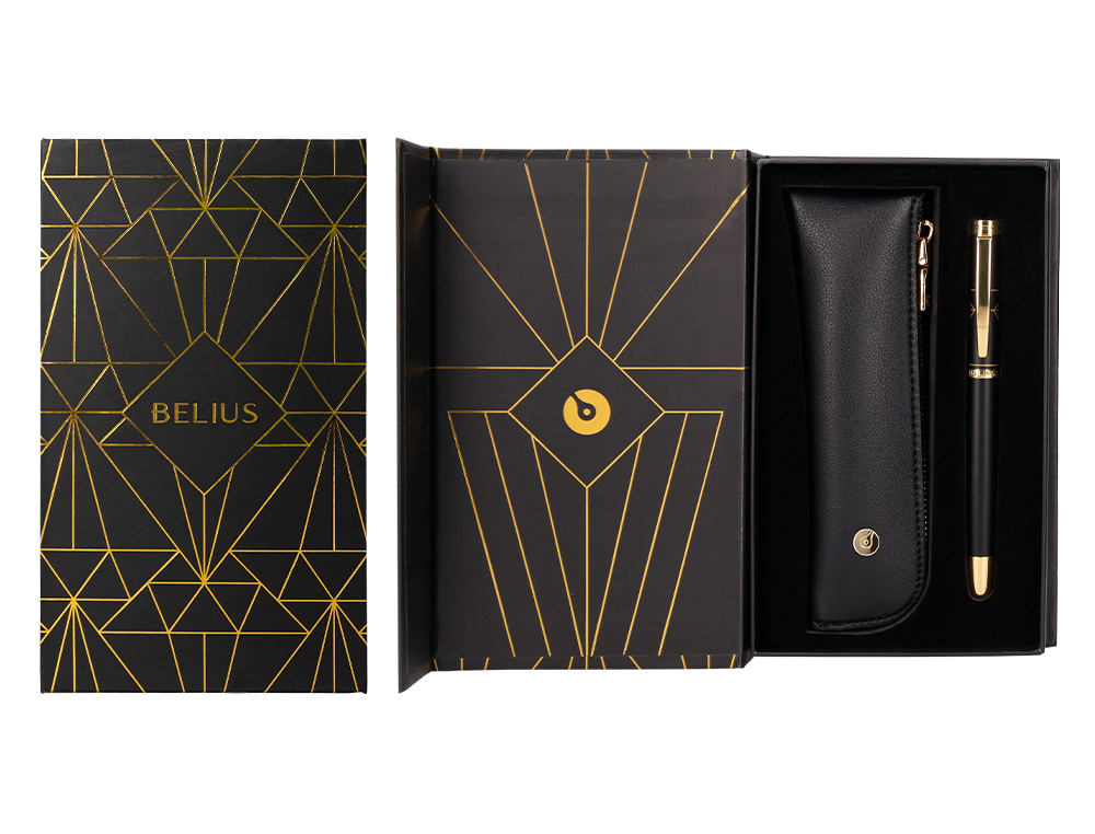 BOLIGRAFO Y ESTUCHE BELIUS SOIREE COLOR NEGRO Y DORADO TINTA AZUL CAJA DE DISEÑO