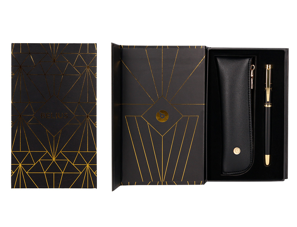 BOLIGRAFO Y ESTUCHE BELIUS SOIREE COLOR NEGRO Y DORADO TINTA AZUL CAJA DE DISEÑO