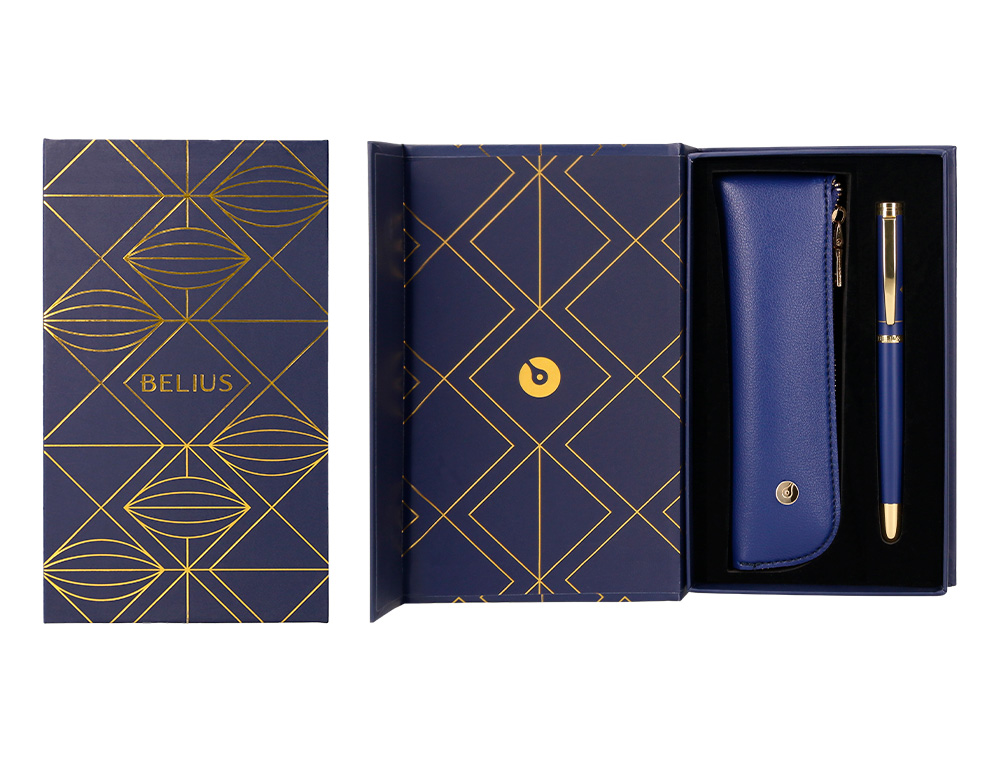 PLUMA Y ESTUCHE BELIUS SOIREE COLOR ART DECO AZUL MARINO Y DORADO TINTA AZUL CAJA DE DISEÑO