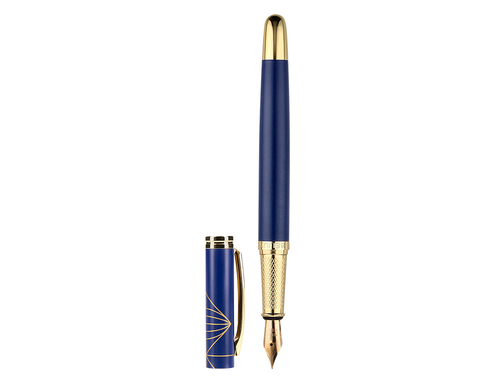 PLUMA Y ESTUCHE BELIUS SOIREE COLOR ART DECO AZUL MARINO Y DORADO TINTA AZUL CAJA DE DISEÑO