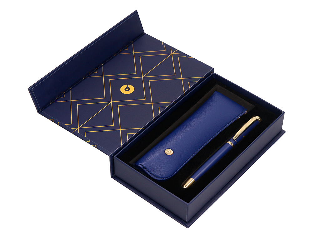 PLUMA Y ESTUCHE BELIUS SOIREE COLOR ART DECO AZUL MARINO Y DORADO TINTA AZUL CAJA DE DISEÑO