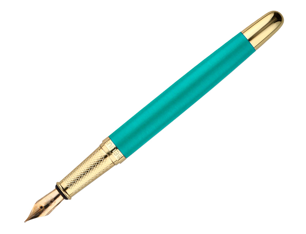 PLUMA BELIUS SOIREE ALUMINIO COLOR ART DECO TURQUESA Y DORADO TINTA AZUL CAJA DE DISEÑO