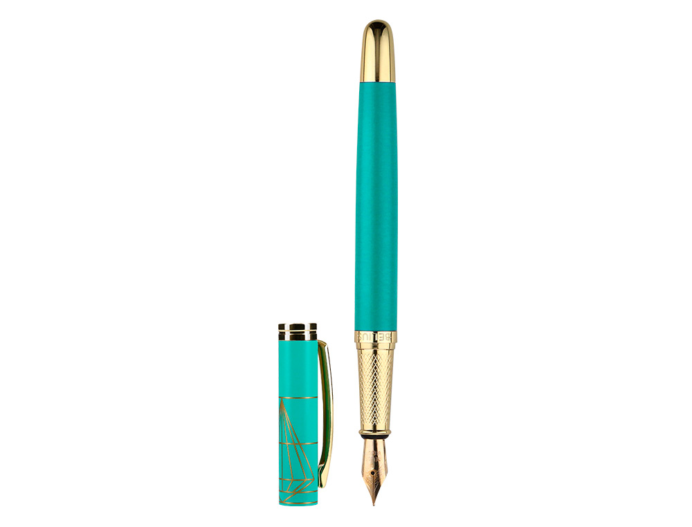 PLUMA BELIUS SOIREE ALUMINIO COLOR ART DECO TURQUESA Y DORADO TINTA AZUL CAJA DE DISEÑO