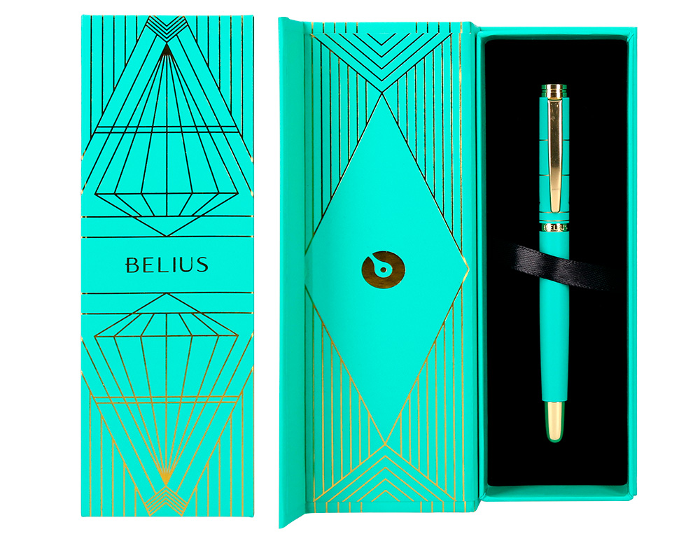PLUMA BELIUS SOIREE ALUMINIO COLOR ART DECO TURQUESA Y DORADO TINTA AZUL CAJA DE DISEÑO
