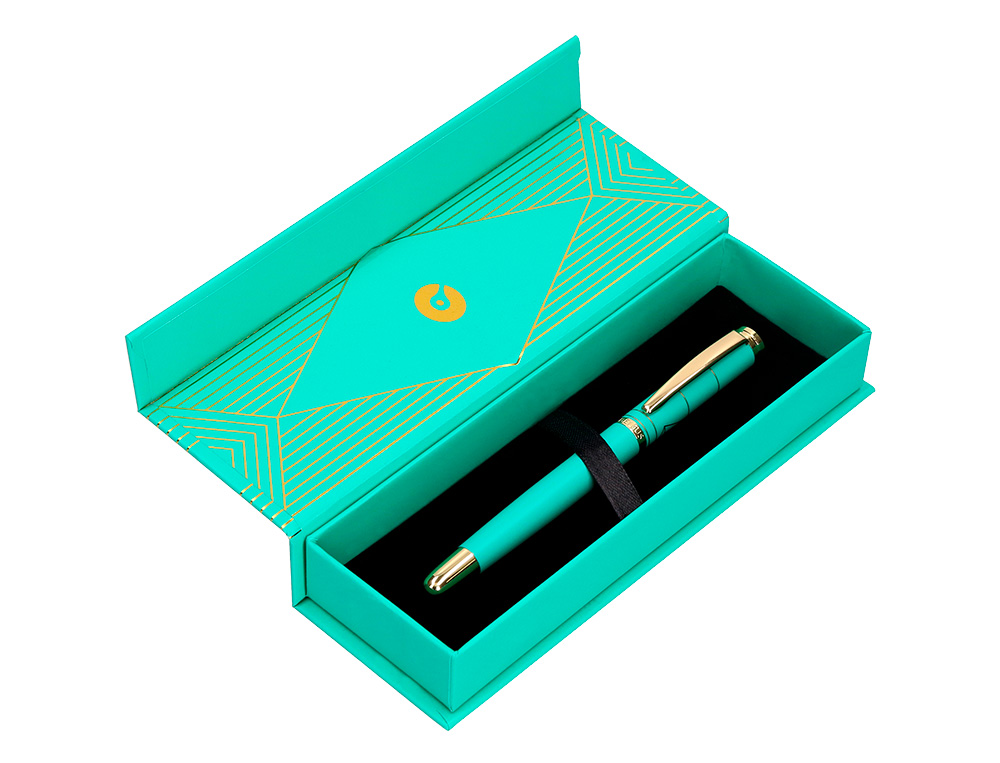 PLUMA BELIUS SOIREE ALUMINIO COLOR ART DECO TURQUESA Y DORADO TINTA AZUL CAJA DE DISEÑO