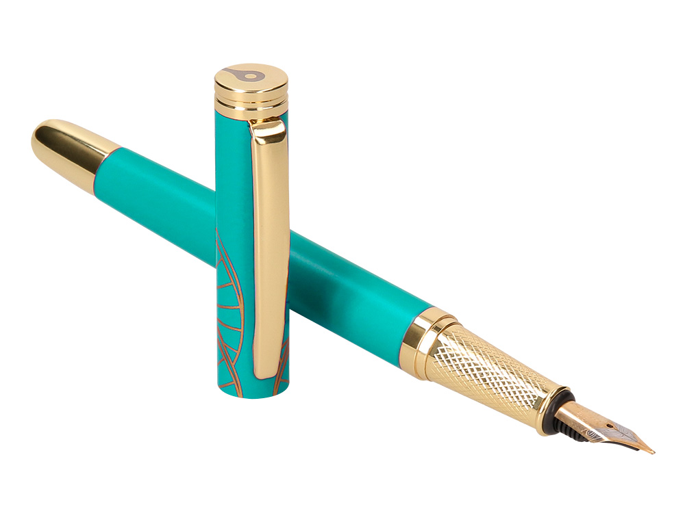 PLUMA BELIUS SOIREE ALUMINIO COLOR ART DECO TURQUESA Y DORADO TINTA AZUL CAJA DE DISEÑO