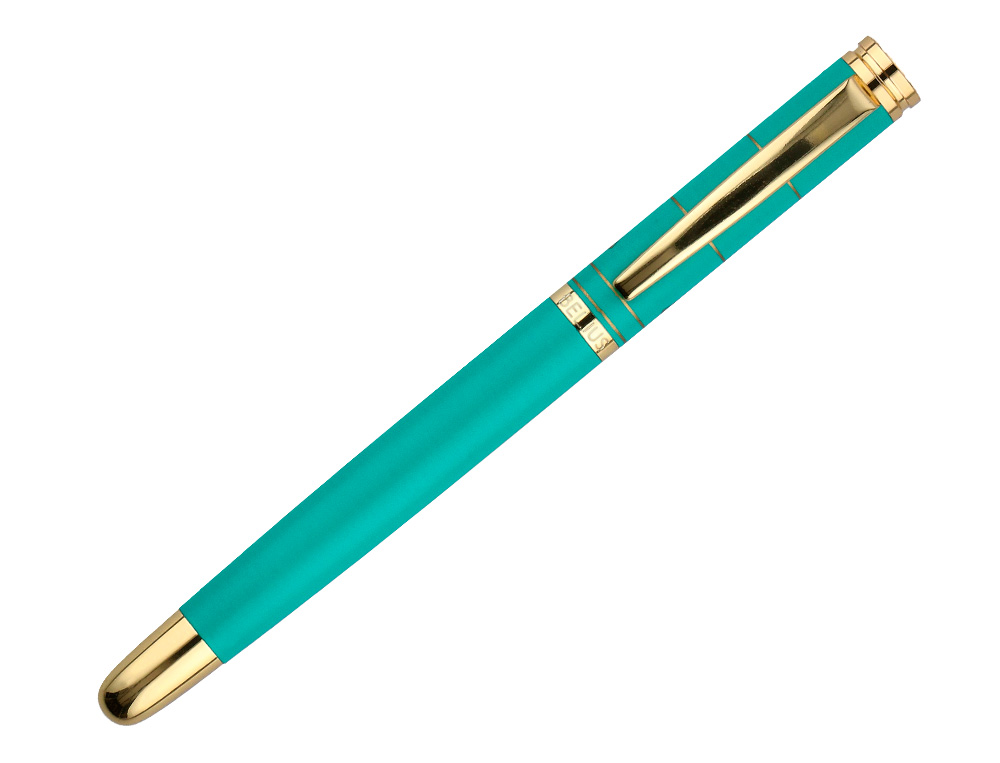 PLUMA BELIUS SOIREE ALUMINIO COLOR ART DECO TURQUESA Y DORADO TINTA AZUL CAJA DE DISEÑO