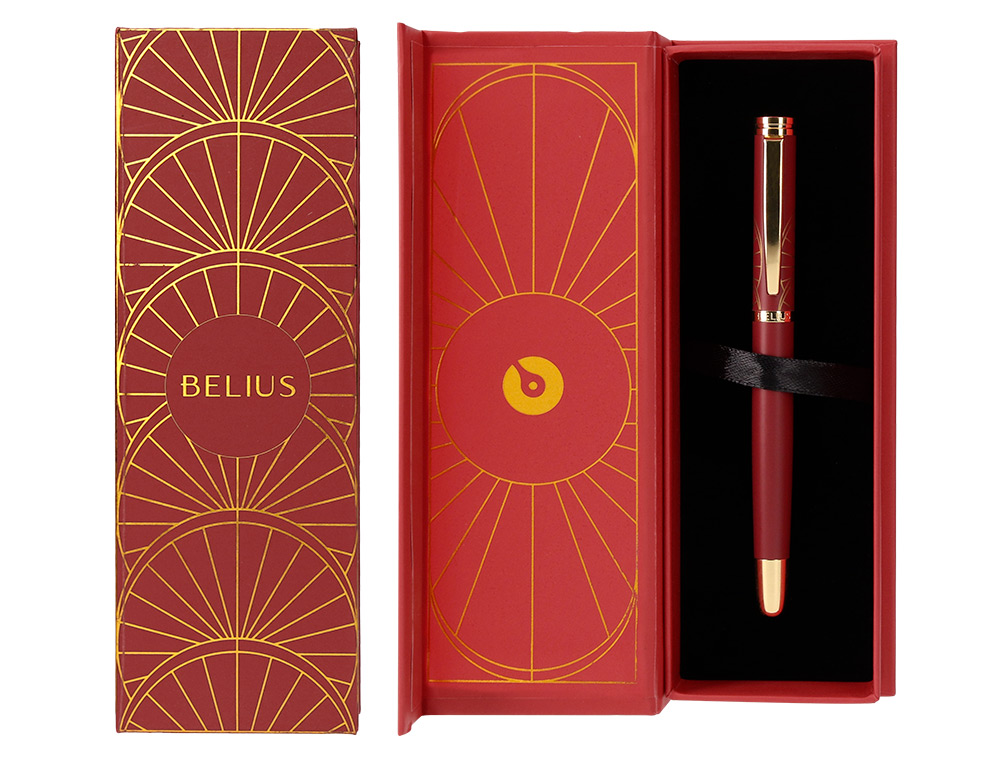 PLUMA BELIUS SOIREE ALUMINIO COLOR ART DECO GRANATE Y DORADO TINTA AZUL CAJA DE DISEÑO