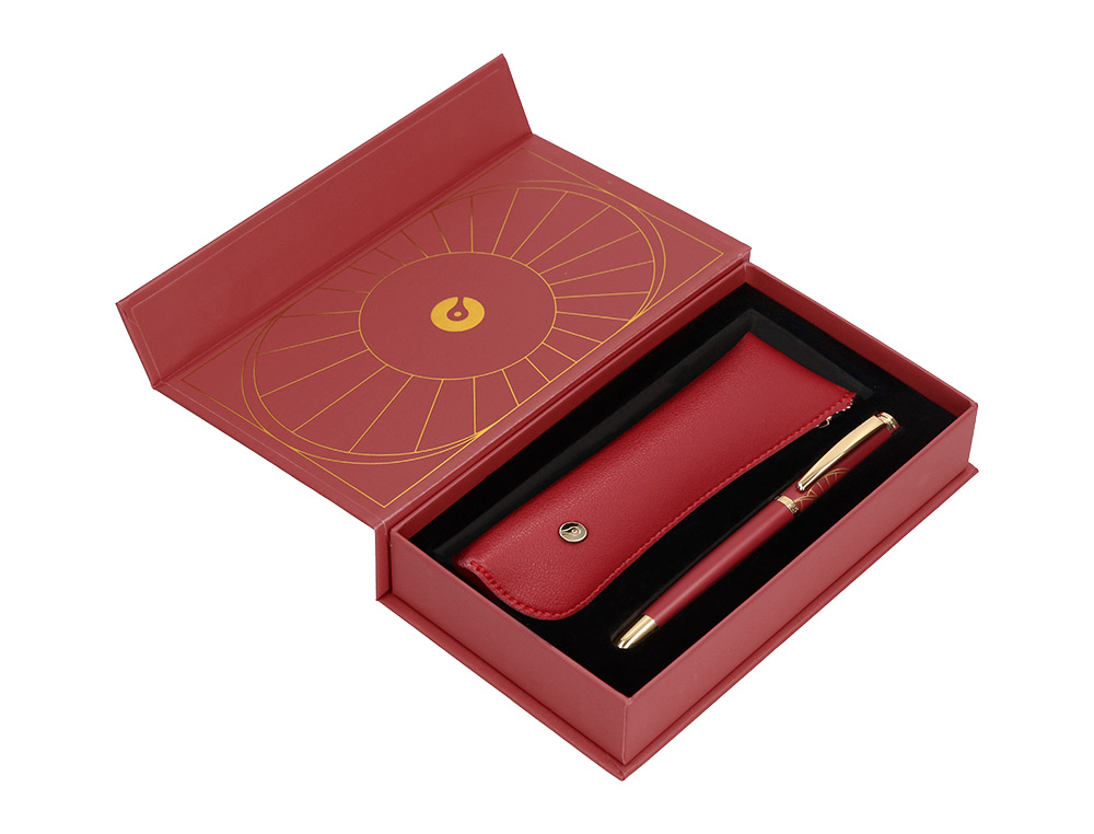 PLUMA Y ESTUCHE BELIUS SOIREE COLOR ART DECO GRANATE Y DORADO TINTA AZUL CAJA DE DISEO