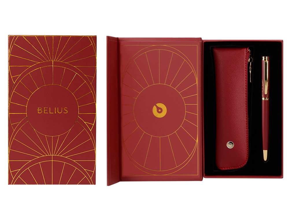 PLUMA Y ESTUCHE BELIUS SOIREE COLOR ART DECO GRANATE Y DORADO TINTA AZUL CAJA DE DISEO