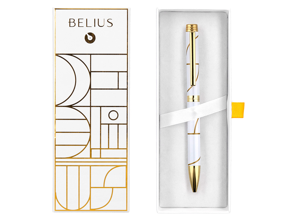 BOLIGRAFO BELIUS CARTE BLANCHE COLOR Y BLANCO DORADO TINTA AZUL CAJA DE DISEÑO