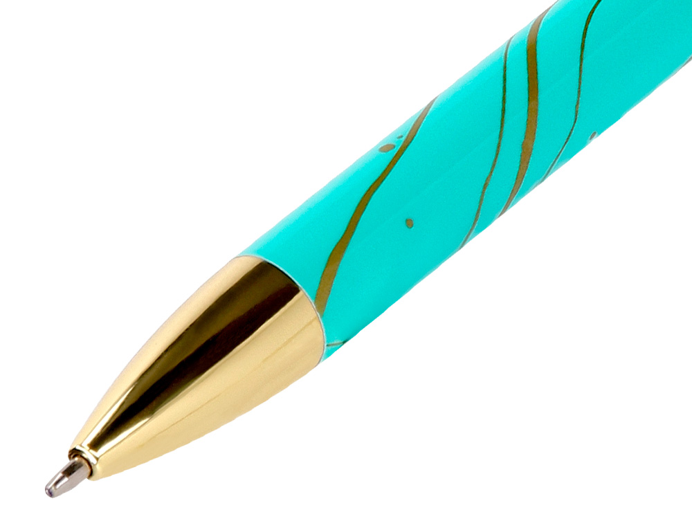 BOLIGRAFO BELIUS AQUA ALUMINIO COLOR TURQUESA Y DORADO TINTA AZUL CAJA DE DISEÑO