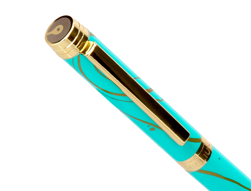 BOLIGRAFO BELIUS AQUA ALUMINIO COLOR TURQUESA Y DORADO TINTA AZUL CAJA DE DISEÑO