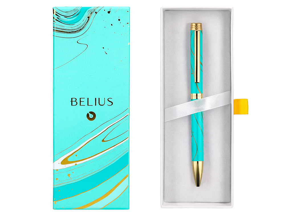 BOLIGRAFO BELIUS AQUA ALUMINIO COLOR TURQUESA Y DORADO TINTA AZUL CAJA DE DISEÑO