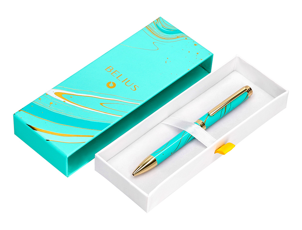 BOLIGRAFO BELIUS AQUA ALUMINIO COLOR TURQUESA Y DORADO TINTA AZUL CAJA DE DISEÑO