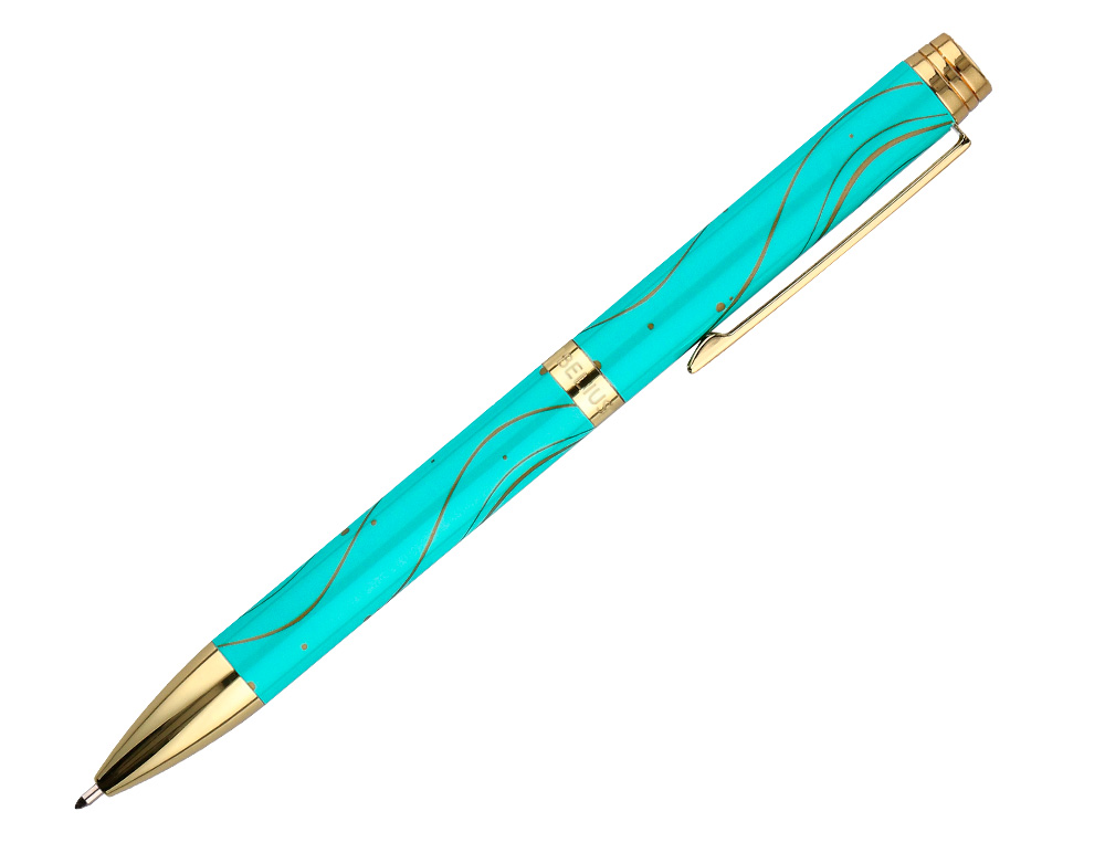 BOLIGRAFO BELIUS AQUA ALUMINIO COLOR TURQUESA Y DORADO TINTA AZUL CAJA DE DISEÑO