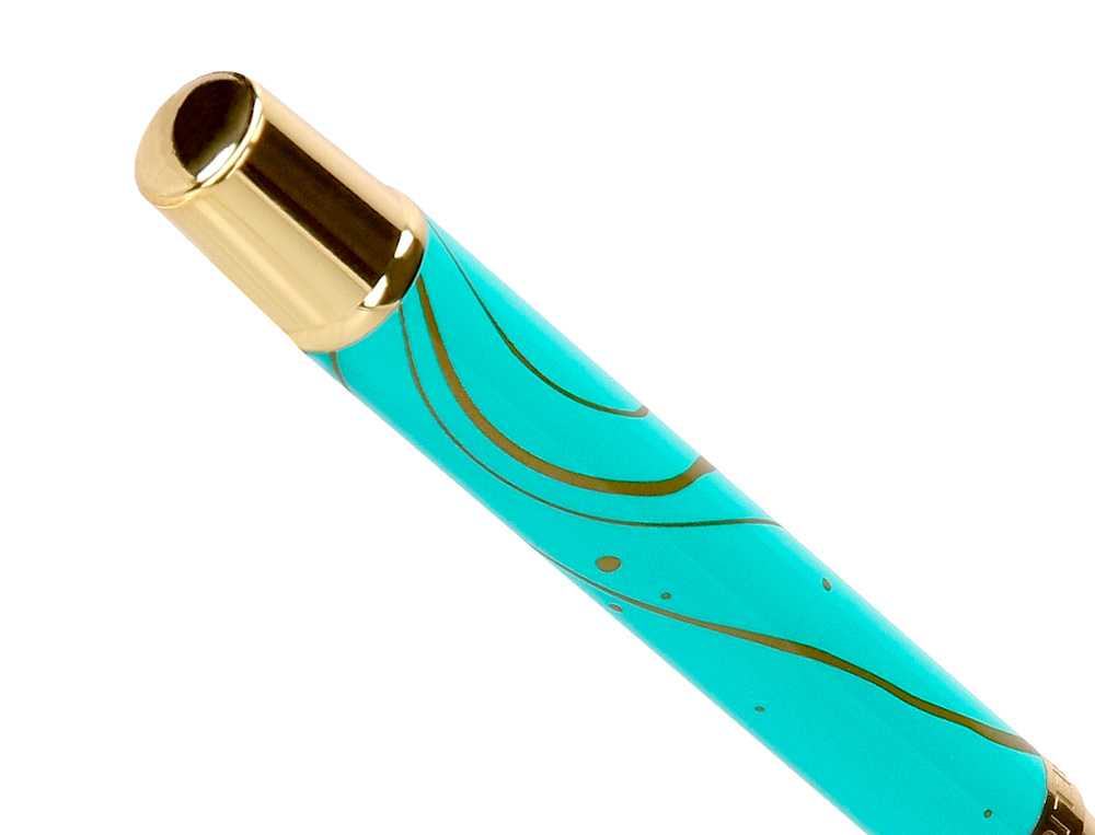 ROLLER BELIUS AQUA ALUMINIO COLOR TURQUESA Y DORADO TINTA NEGRA CAJA DE DISEÑO