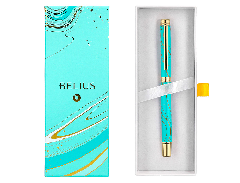 ROLLER BELIUS AQUA ALUMINIO COLOR TURQUESA Y DORADO TINTA NEGRA CAJA DE DISEÑO