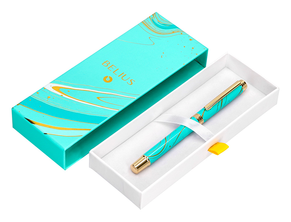 ROLLER BELIUS AQUA ALUMINIO COLOR TURQUESA Y DORADO TINTA NEGRA CAJA DE DISEÑO