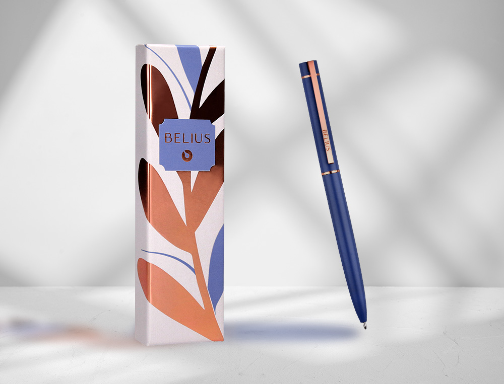 BOLIGRAFO BELIUS ROSE ALUMINIO COLOR AZUL ELECTRICO/ORO ROSA TINTA AZUL CAJA DE DISEÑO
