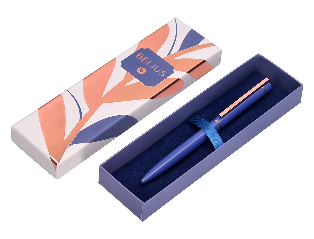 BOLIGRAFO BELIUS ROSE ALUMINIO COLOR AZUL ELECTRICO/ORO ROSA TINTA AZUL CAJA DE DISEÑO