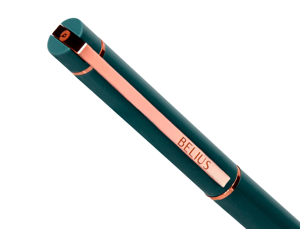 BOLIGRAFO BELIUS ROSE ALUMINIO COLOR VERDE OLIVA/ORO ROSA TINTA AZUL CAJA DE DISEÑO