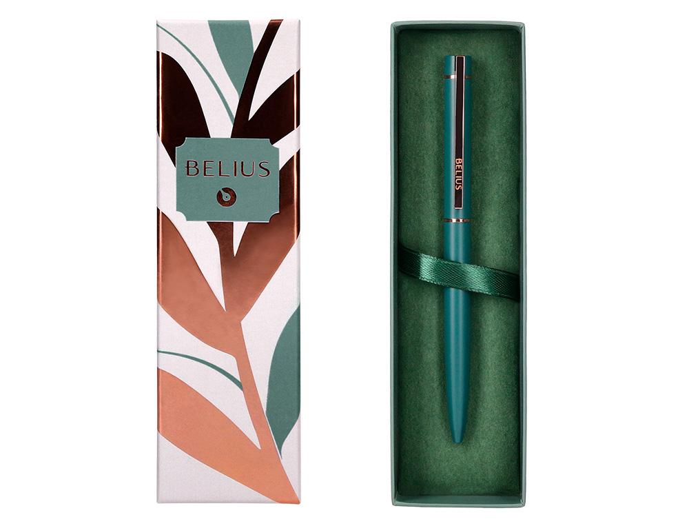 BOLIGRAFO BELIUS ROSE ALUMINIO COLOR VERDE OLIVA/ORO ROSA TINTA AZUL CAJA DE DISEÑO