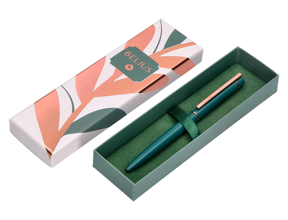 BOLIGRAFO BELIUS ROSE ALUMINIO COLOR VERDE OLIVA/ORO ROSA TINTA AZUL CAJA DE DISEÑO