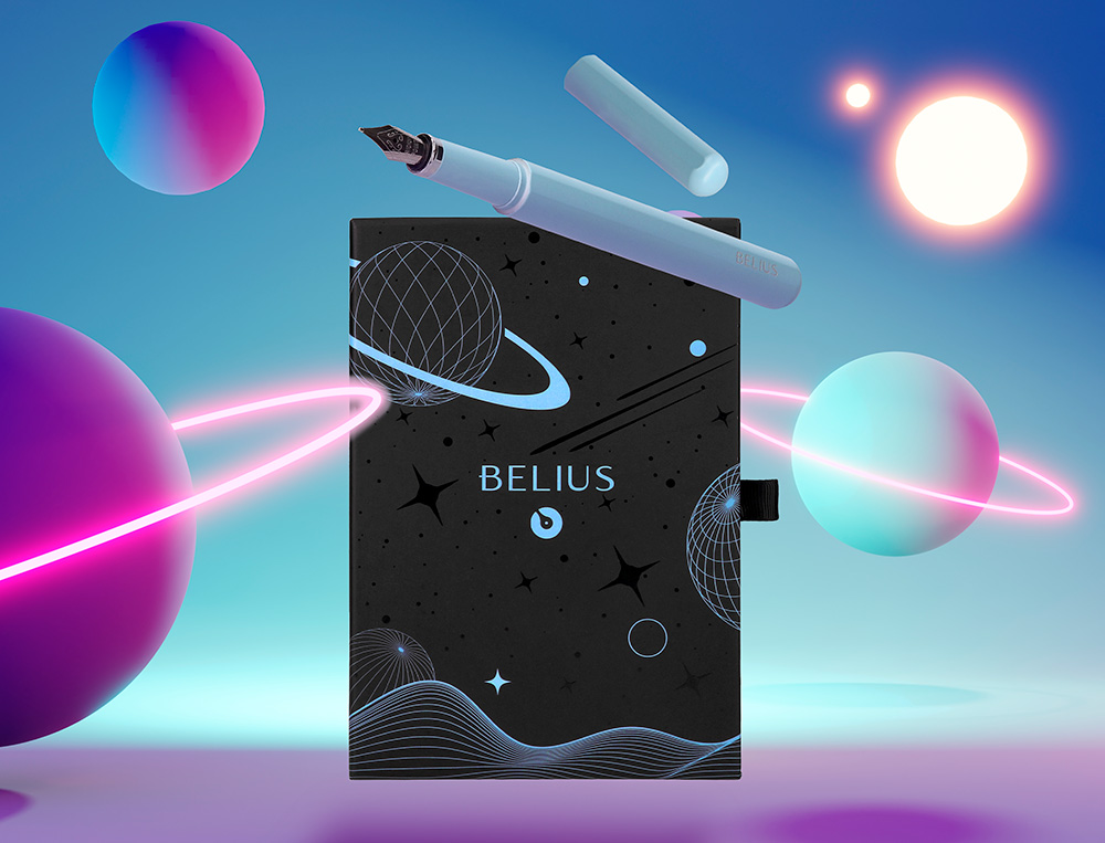 PLUMA Y FUNDA DE SIMILPIEL BELIUS SPACE B COLOR MINIMALISTA AZUL TINTA AZUL CAJA DE DISEÑO
