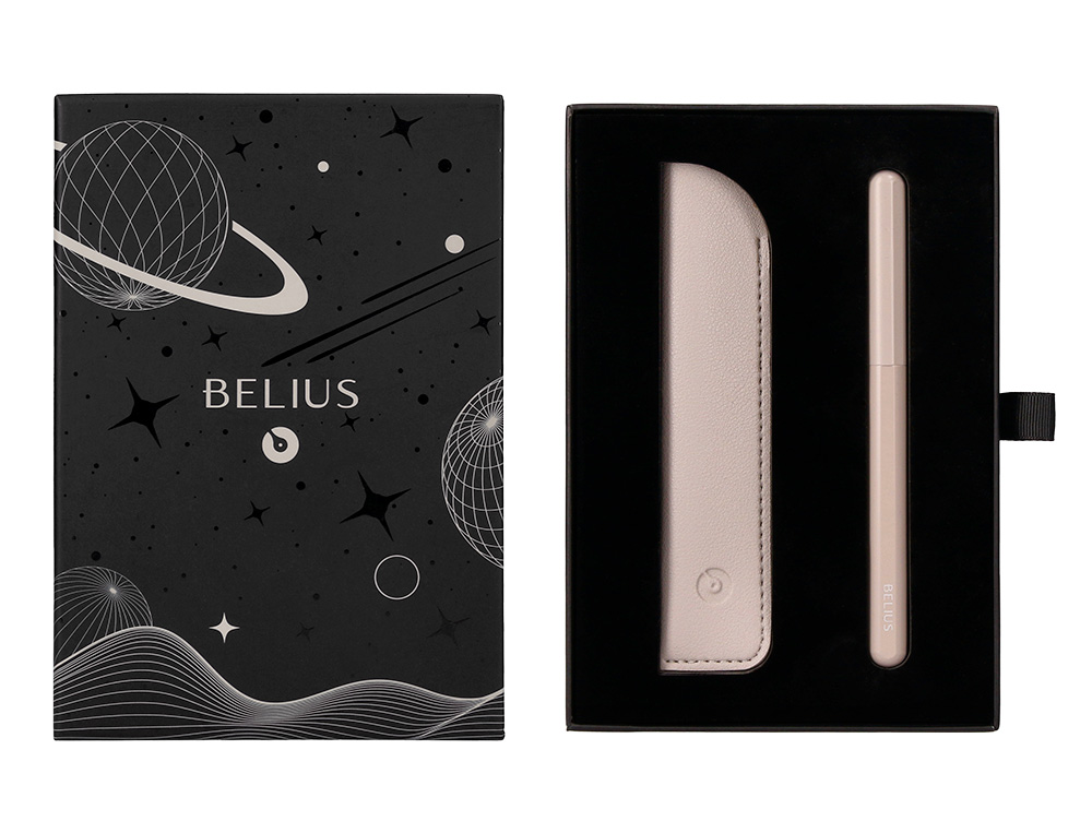 PLUMA Y FUNDA DE SIMILPIEL BELIUS SPACE B COLOR MINIMALISTA GRIS TINTA AZUL CAJA DE DISEÑO