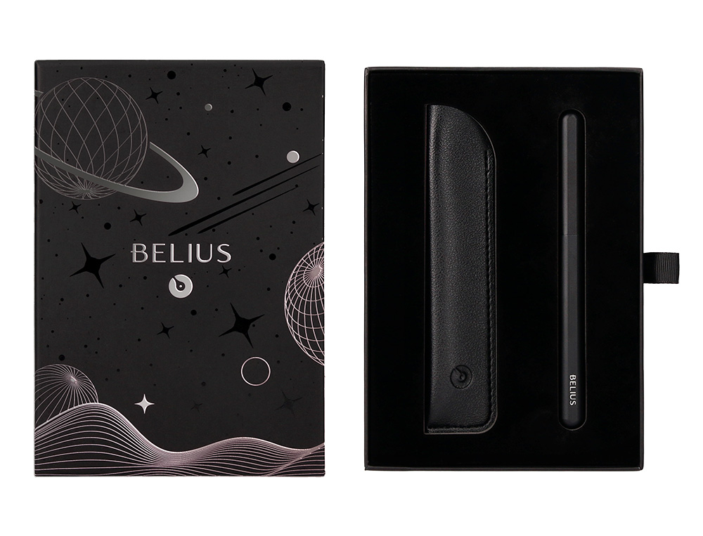 PLUMA Y FUNDA DE SIMILPIEL BELIUS SPACE B COLOR MINIMALISTA NEGRO TINTA AZUL CAJA DE DISEÑO