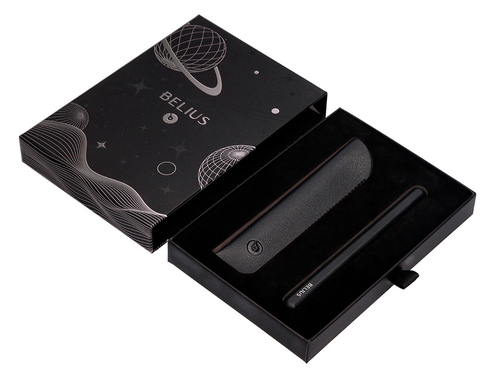 PLUMA Y FUNDA DE SIMILPIEL BELIUS SPACE B COLOR MINIMALISTA NEGRO TINTA AZUL CAJA DE DISEÑO