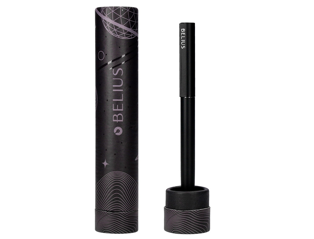 BOLIGRAFO BELIUS ROCKET B ALUMINIO COLOR MINIMALISTA NEGRO TINTA AZUL CAJA CILINDRICA