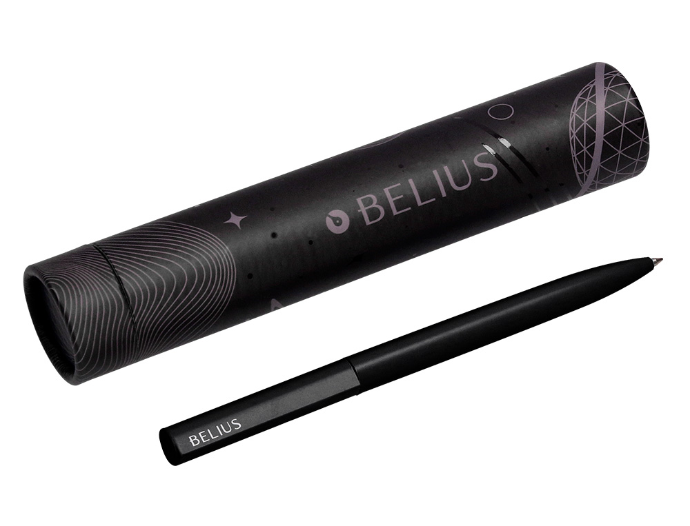 BOLIGRAFO BELIUS ROCKET B ALUMINIO COLOR MINIMALISTA NEGRO TINTA AZUL CAJA CILINDRICA