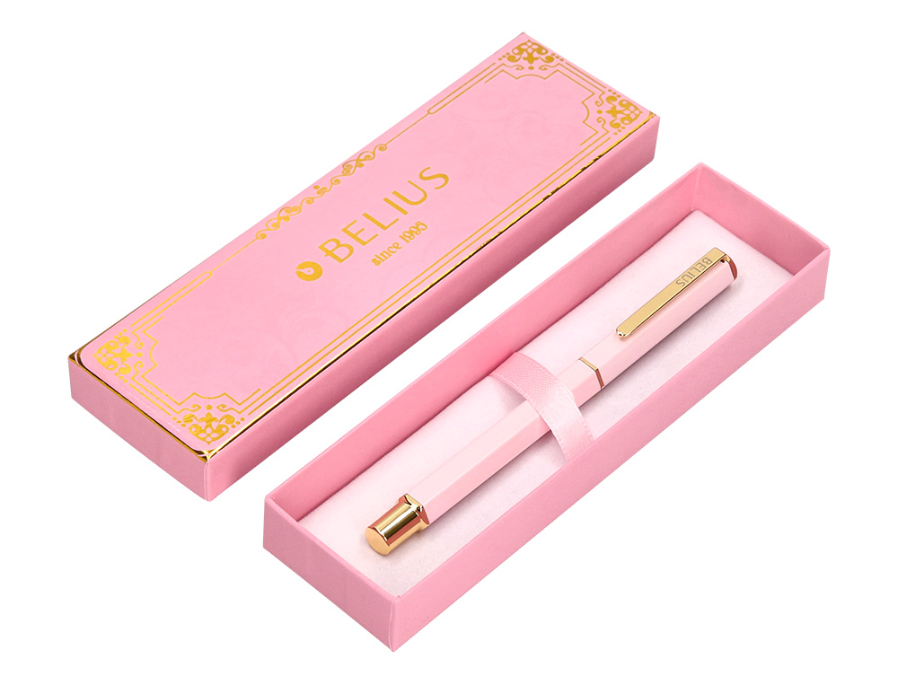BOLIGRAFO BELIUS MACARON BLISS FORMA HEXAGONAL COLOR ROSA Y DORADO TINTA AZUL CAJA DE DISEÑO