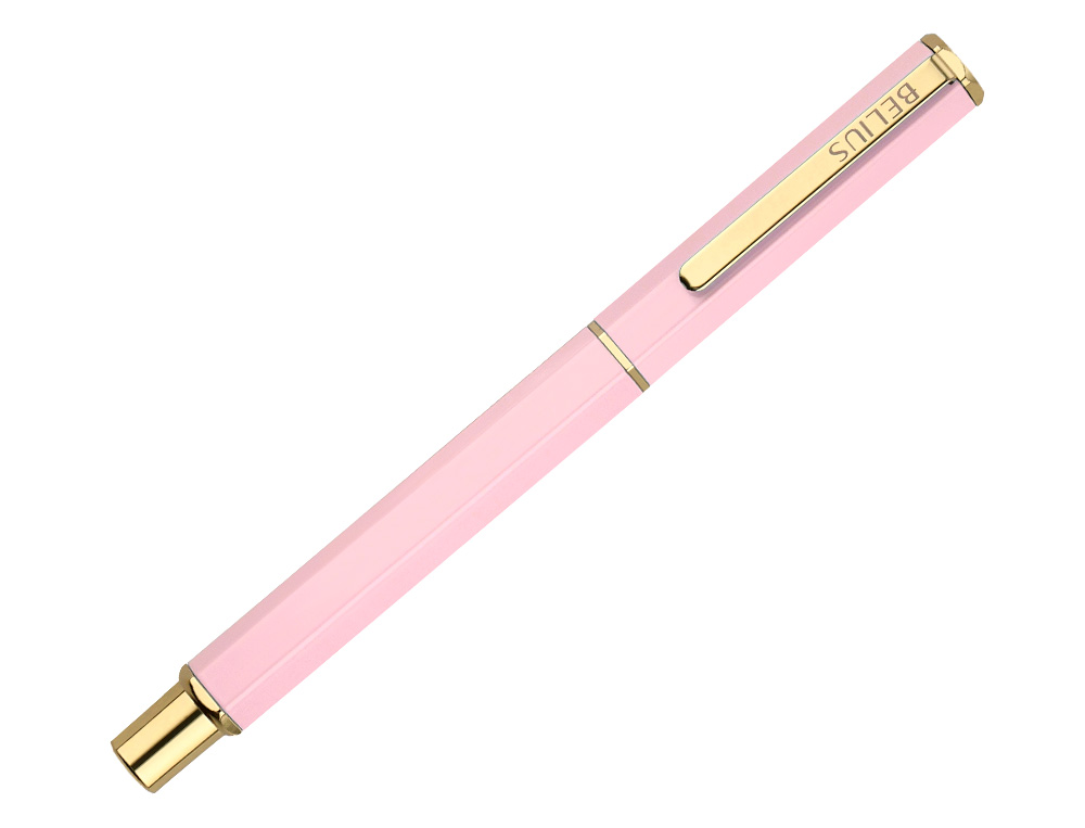 BOLIGRAFO BELIUS MACARON BLISS FORMA HEXAGONAL COLOR ROSA Y DORADO TINTA AZUL CAJA DE DISEÑO