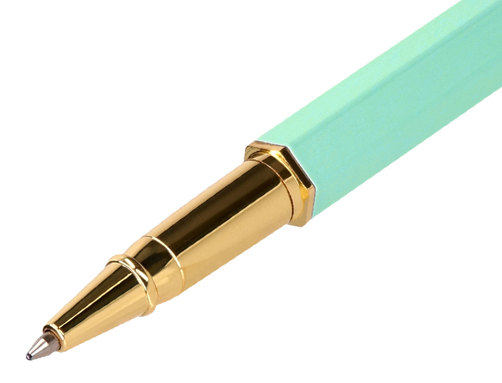 BOLIGRAFO BELIUS MACARON BLISS FORMA HEXAGONAL COLOR VERDE DORADO TINTA AZUL CAJA DE DISEÑO