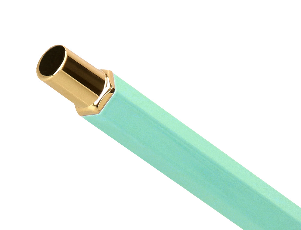 BOLIGRAFO BELIUS MACARON BLISS FORMA HEXAGONAL COLOR VERDE DORADO TINTA AZUL CAJA DE DISEÑO