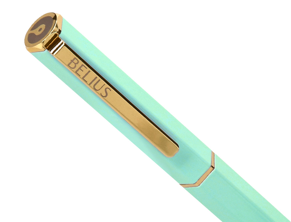 BOLIGRAFO BELIUS MACARON BLISS FORMA HEXAGONAL COLOR VERDE DORADO TINTA AZUL CAJA DE DISEÑO