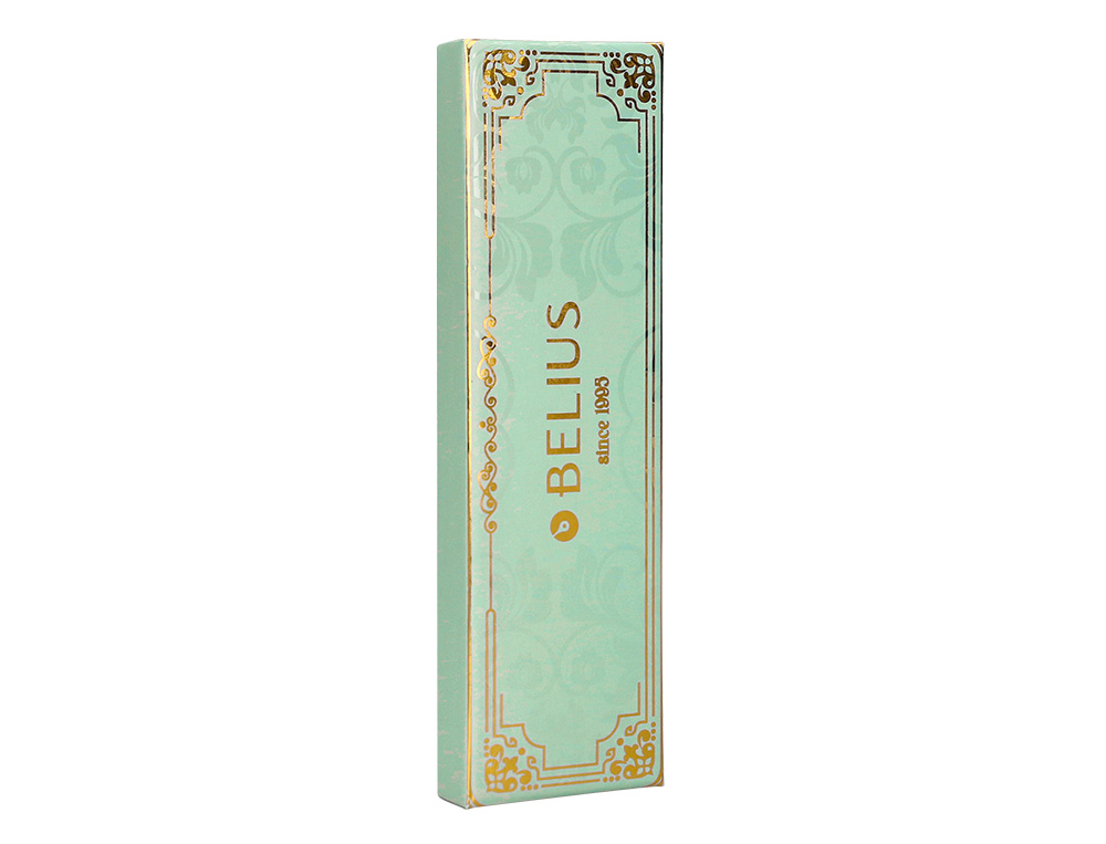 BOLIGRAFO BELIUS MACARON BLISS FORMA HEXAGONAL COLOR VERDE DORADO TINTA AZUL CAJA DE DISEÑO