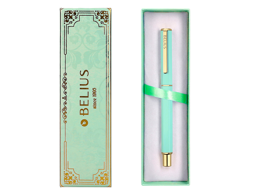 BOLIGRAFO BELIUS MACARON BLISS FORMA HEXAGONAL COLOR VERDE DORADO TINTA AZUL CAJA DE DISEÑO