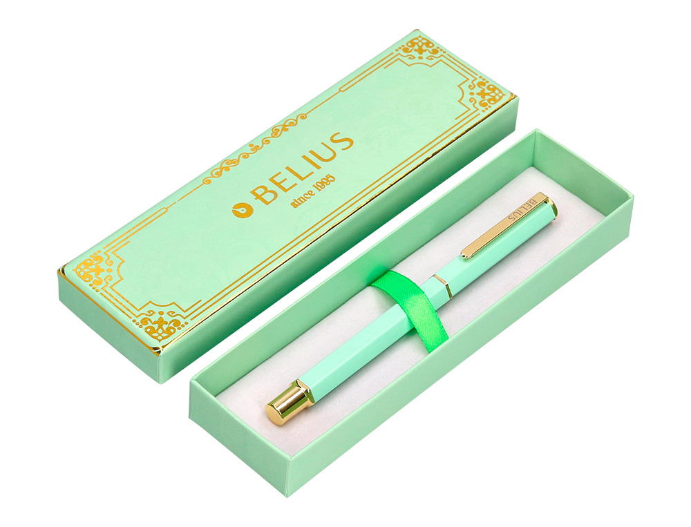 BOLIGRAFO BELIUS MACARON BLISS FORMA HEXAGONAL COLOR VERDE DORADO TINTA AZUL CAJA DE DISEÑO