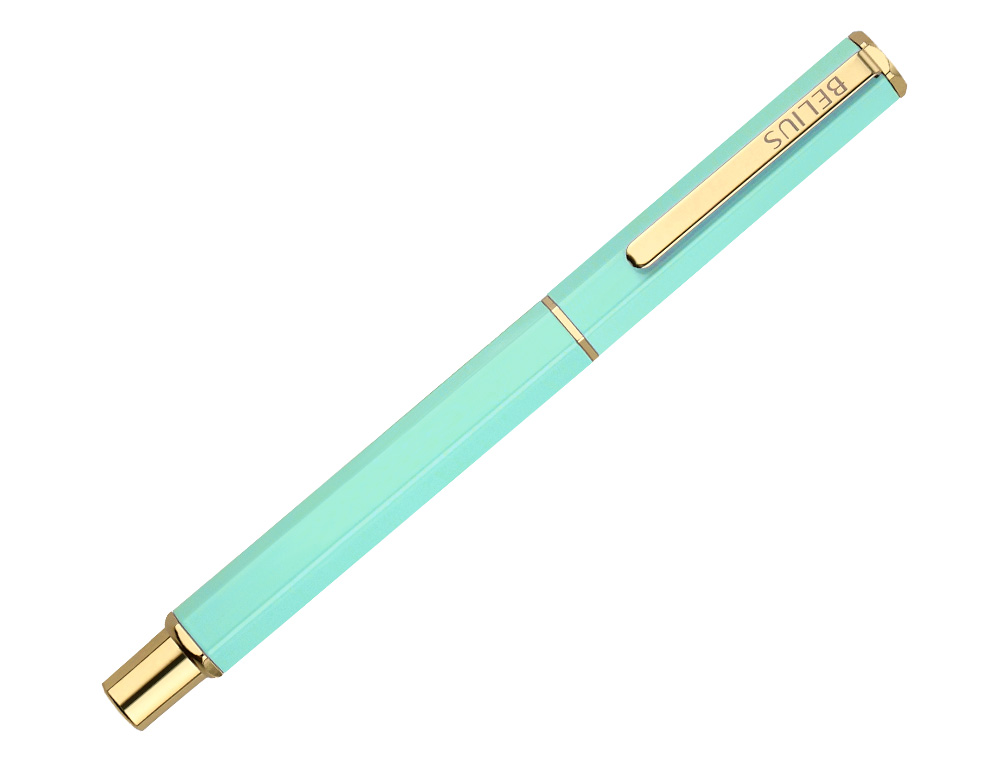 BOLIGRAFO BELIUS MACARON BLISS FORMA HEXAGONAL COLOR VERDE DORADO TINTA AZUL CAJA DE DISEÑO