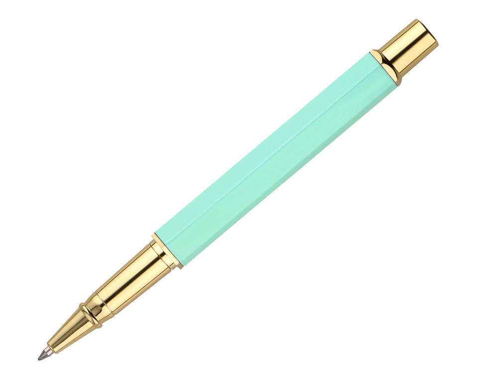 BOLIGRAFO BELIUS MACARON BLISS FORMA HEXAGONAL COLOR VERDE DORADO TINTA AZUL CAJA DE DISEÑO