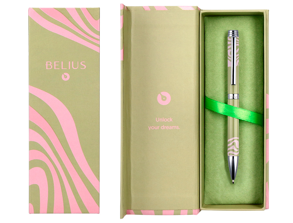BOLIGRAFO BELIUS INK DREAMS ALUMINIO COLOR VERDE MATCHA Y ROSA PLATEADO FRASE INTERIOR TINTA AZUL CAJA DE DISEÑO