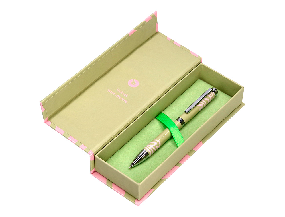 BOLIGRAFO BELIUS INK DREAMS ALUMINIO COLOR VERDE MATCHA Y ROSA PLATEADO FRASE INTERIOR TINTA AZUL CAJA DE DISEÑO