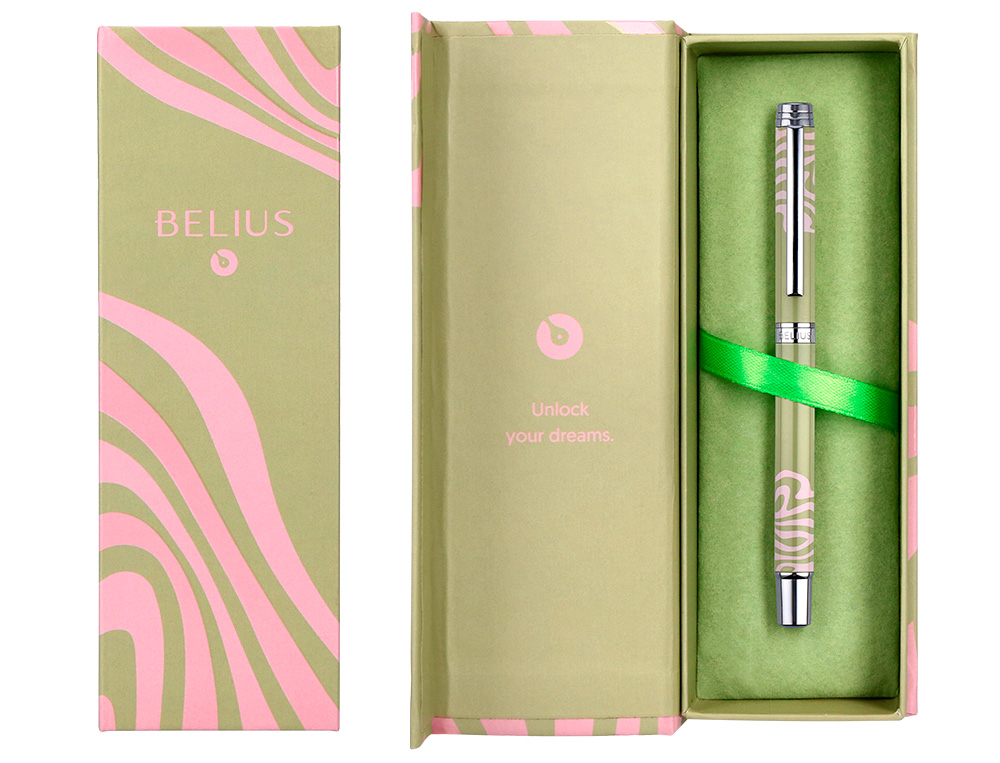 ROLLER BELIUS INK DREAMS ALUMINIO COLOR VERDE MATCHA Y ROSA PLATEADO FRASE INTERIOR TINTA NEGRA CAJA DE DISEÑO