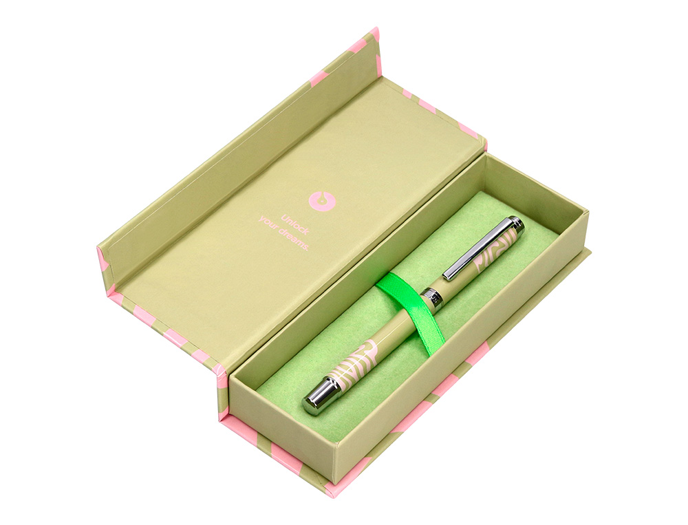ROLLER BELIUS INK DREAMS ALUMINIO COLOR VERDE MATCHA Y ROSA PLATEADO FRASE INTERIOR TINTA NEGRA CAJA DE DISEÑO