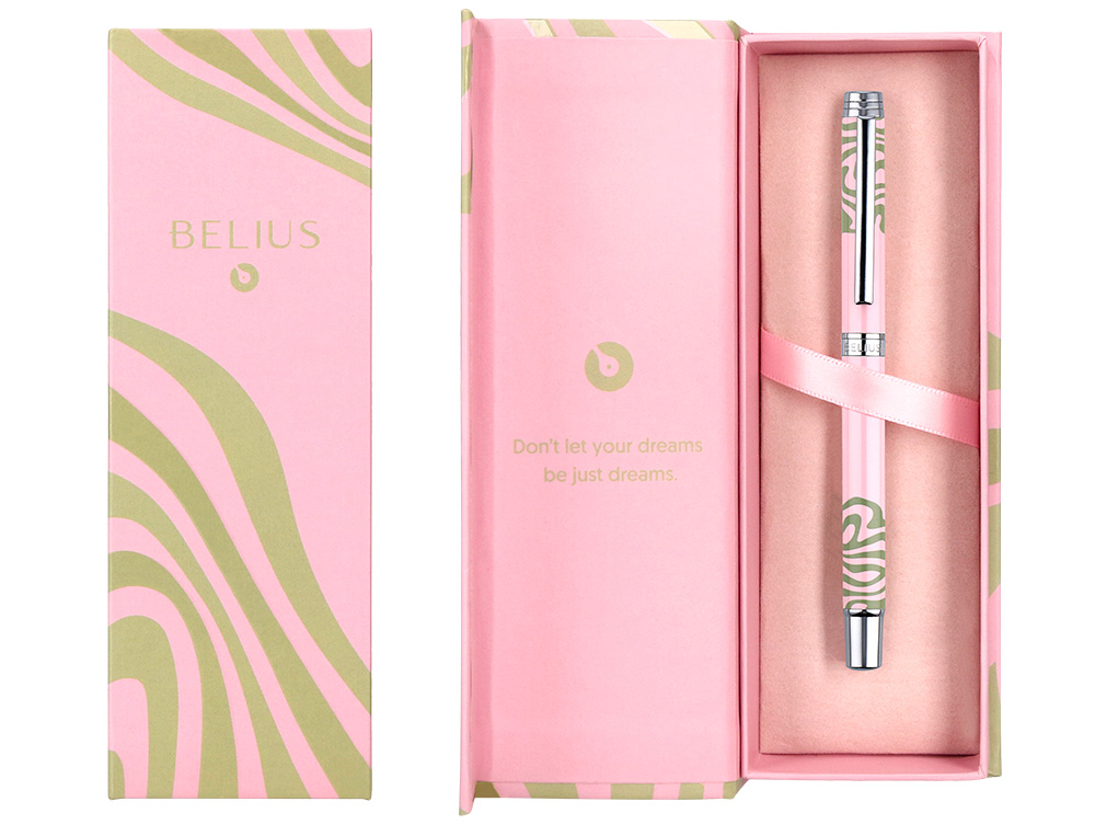 ROLLER BELIUS INK DREAMS ALUMINIO COLOR ROSA Y VERDE MATCHA PLATEADO FRASE INTERIOR TINTA NEGRA CAJA DE DISEÑO