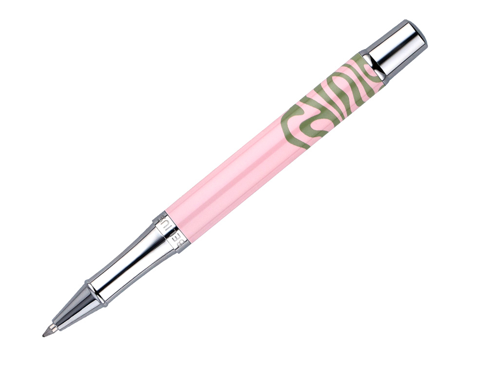 ROLLER BELIUS INK DREAMS ALUMINIO COLOR ROSA Y VERDE MATCHA PLATEADO FRASE INTERIOR TINTA NEGRA CAJA DE DISEÑO